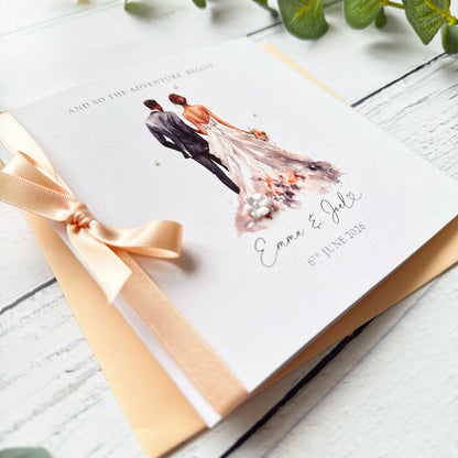 Handmade Wedding Card - Interracial Bride and Groom Design (Brunette Bride)