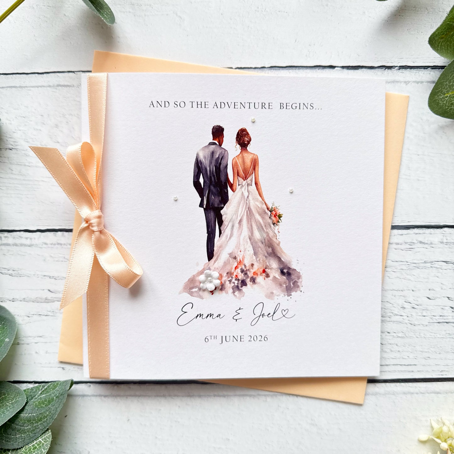 Handmade Wedding Card - Interracial Bride and Groom Design (Brunette Bride)