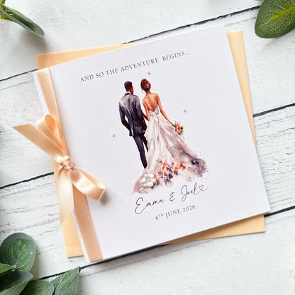 Handmade Wedding Card - Interracial Bride and Groom Design (Brunette Bride)