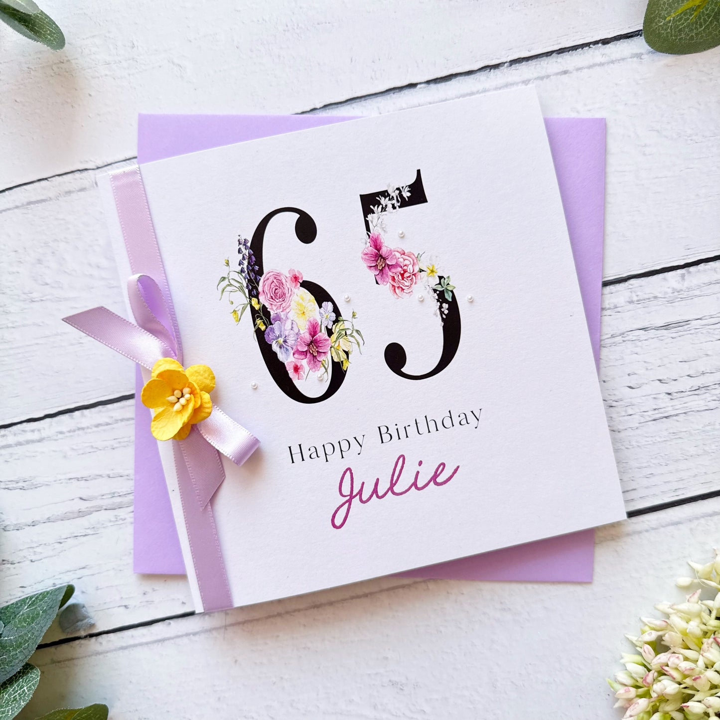 Personalised Floral Number 65th Birthday Card - Lilac & Yellow