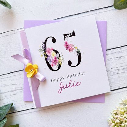 Personalised Floral Number 65th Birthday Card - Lilac & Yellow