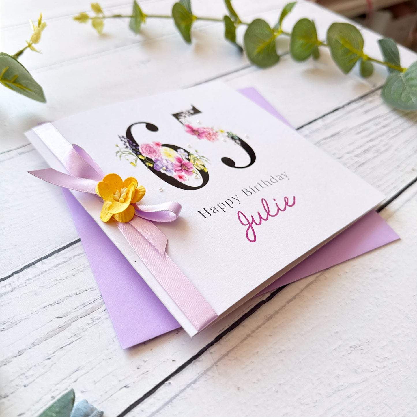 Personalised Floral Number 65th Birthday Card - Lilac & Yellow