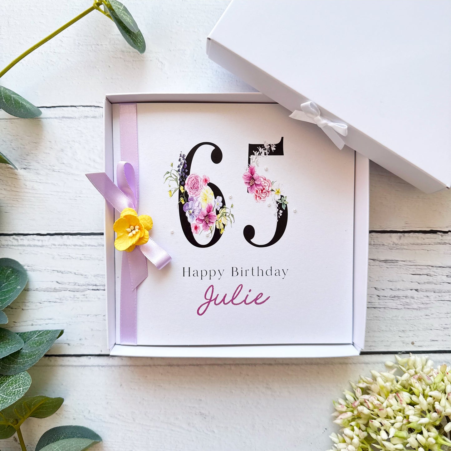 Personalised Floral Number 65th Birthday Card - Lilac & Yellow