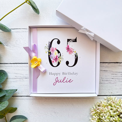 Personalised Floral Number 65th Birthday Card - Lilac & Yellow