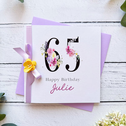 Personalised Floral Number 65th Birthday Card - Lilac & Yellow