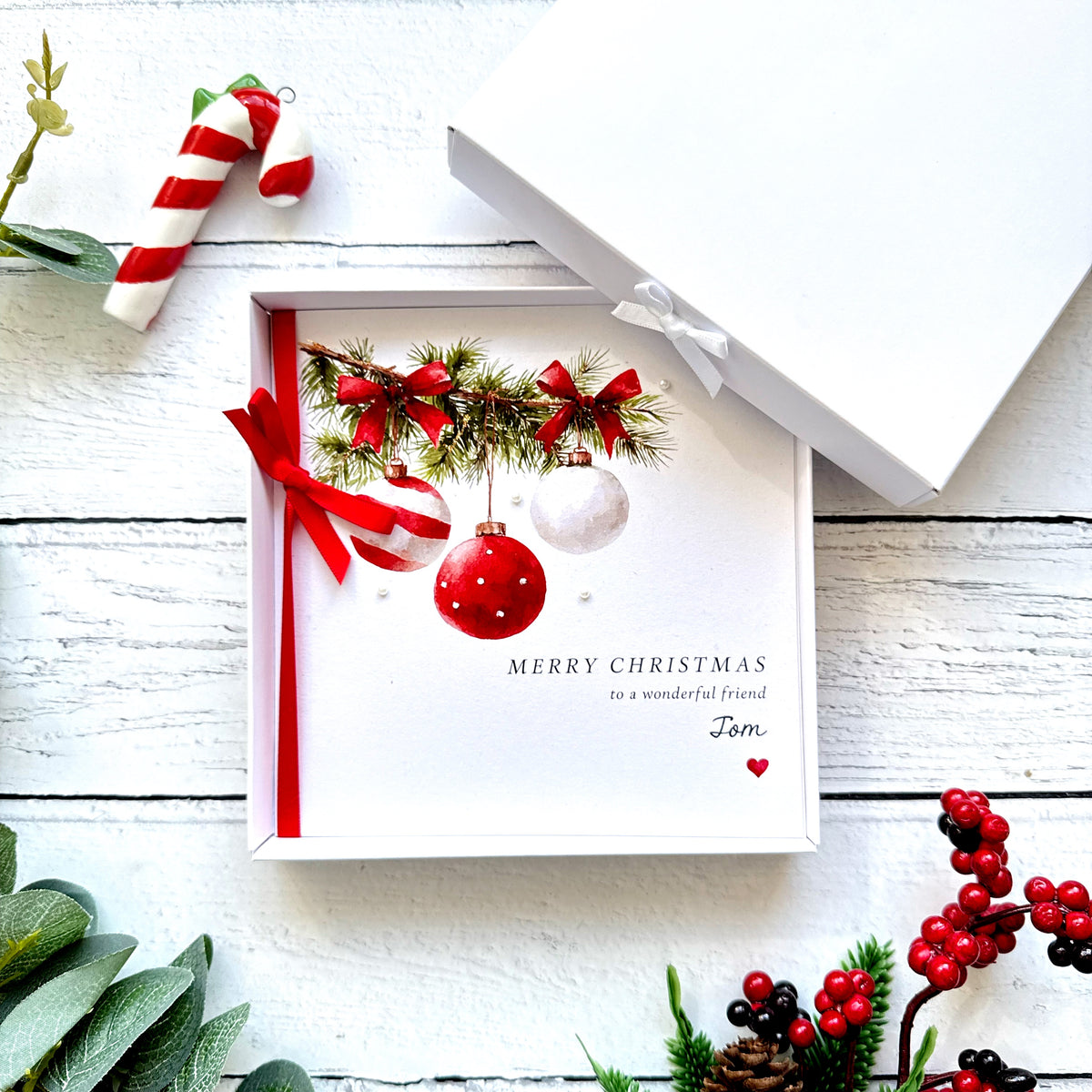 Personalised Christmas Card, Handmade Glitter Snowy Baubles Card, Custom Name & Relationship