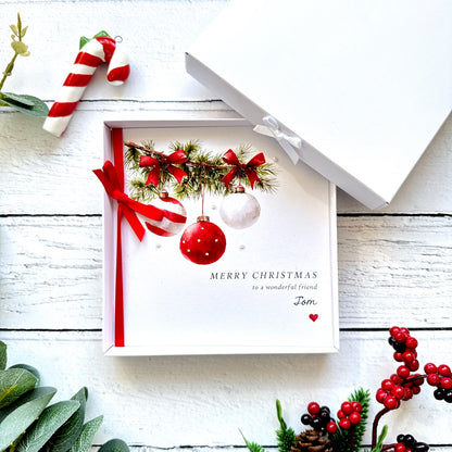 Personalised Christmas Card, Handmade Glitter Snowy Baubles Card, Custom Name & Relationship