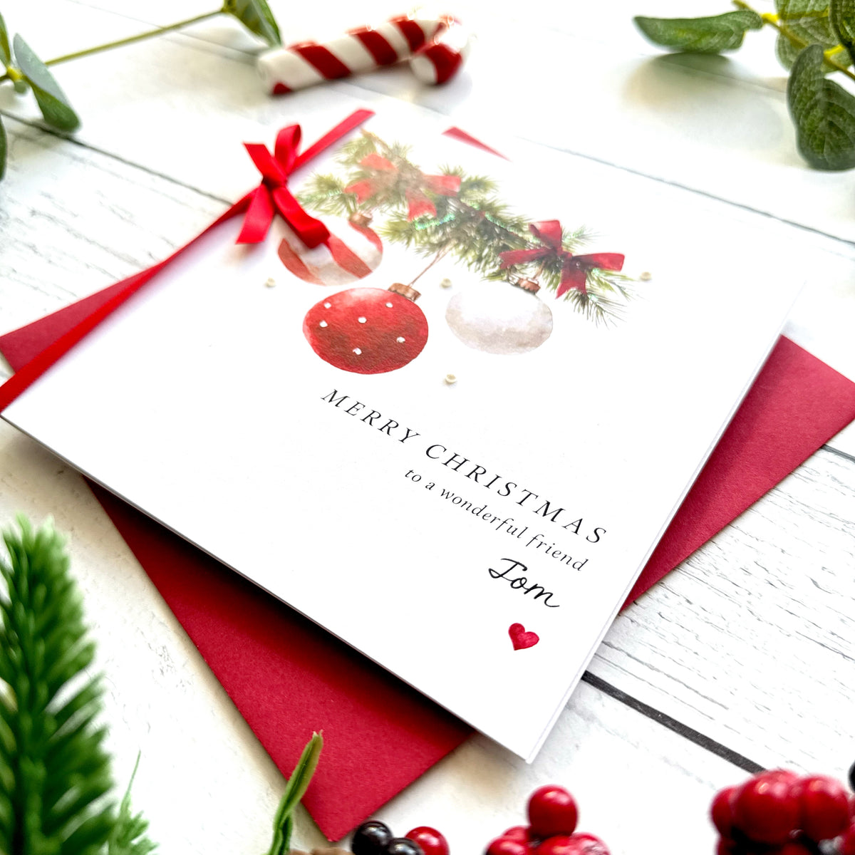 Personalised Christmas Card, Handmade Glitter Snowy Baubles Card, Custom Name & Relationship