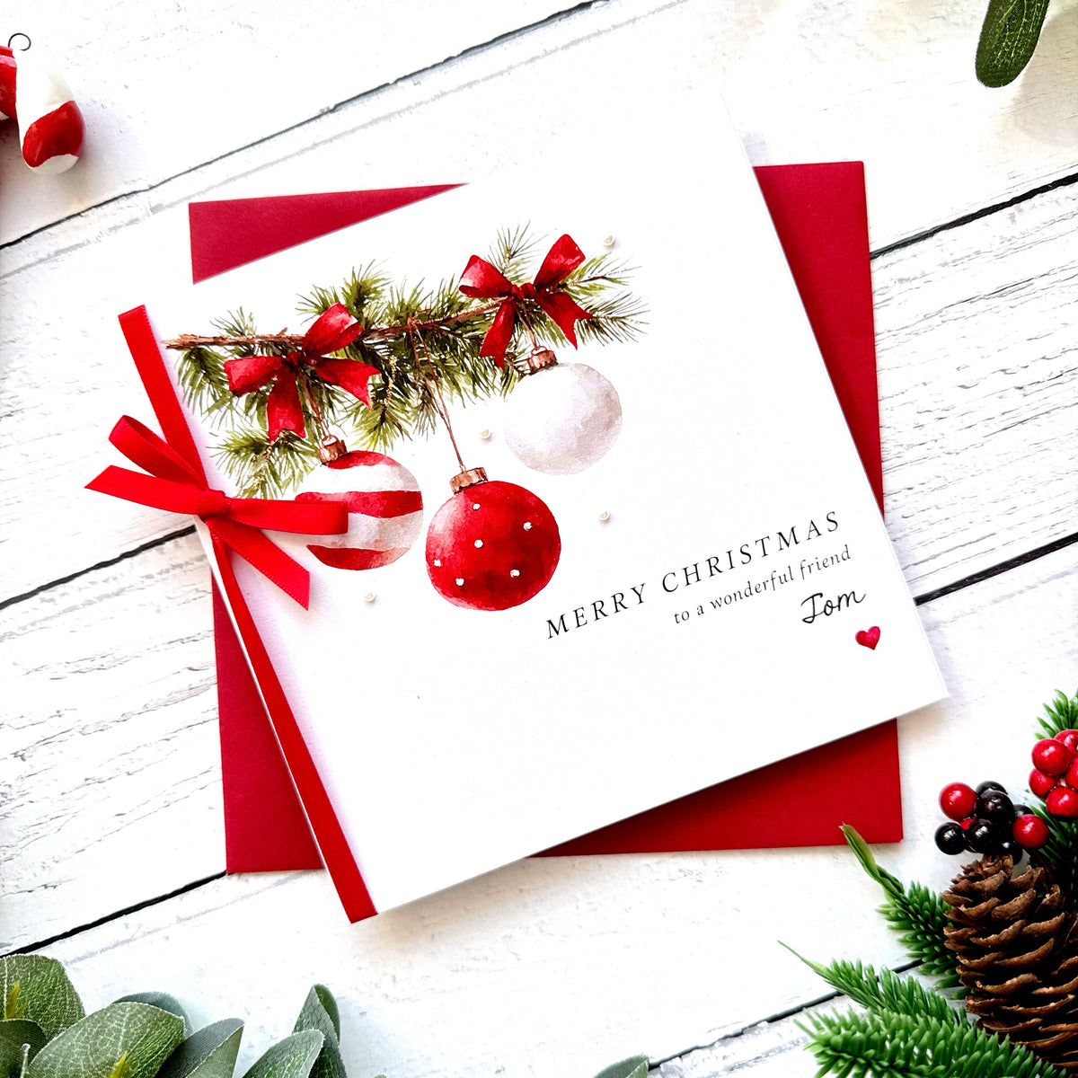 Personalised Christmas Card, Handmade Glitter Snowy Baubles Card, Custom Name & Relationship