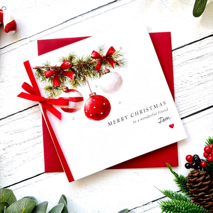Personalised Christmas Card, Handmade Glitter Snowy Baubles Card, Custom Name & Relationship