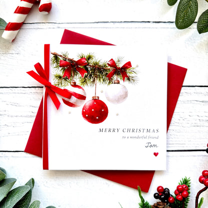 Personalised Christmas Card, Handmade Glitter Snowy Baubles Card, Custom Name & Relationship