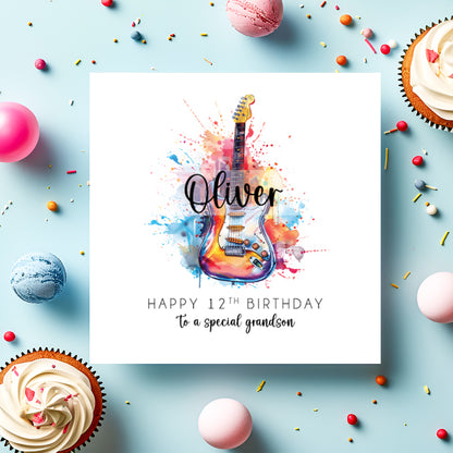 Greeting card with colorful guitar illustration and birthday message on a blue background with cupcakes and candies.
