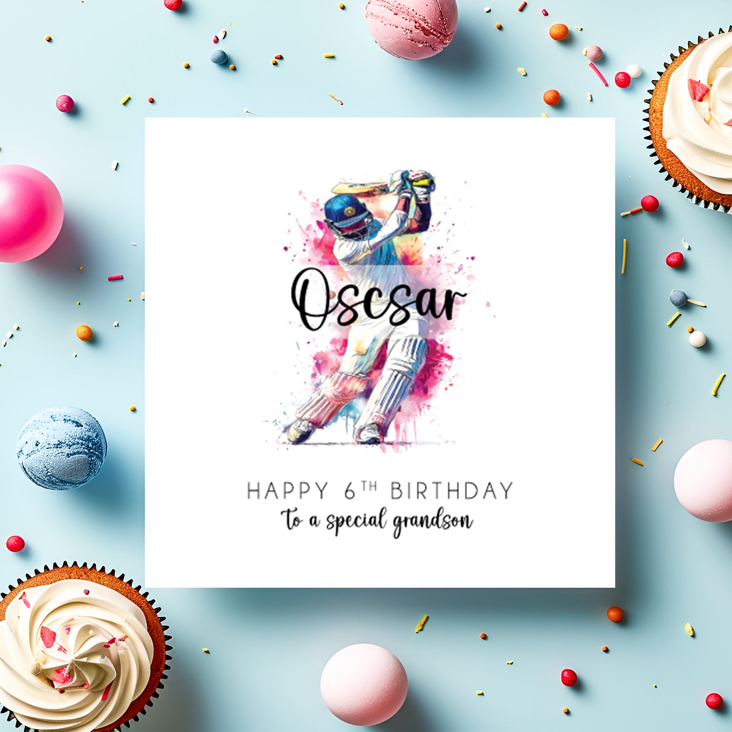 Personalised Cricket Birthday Card for Him - Watercolour Cricketer Design