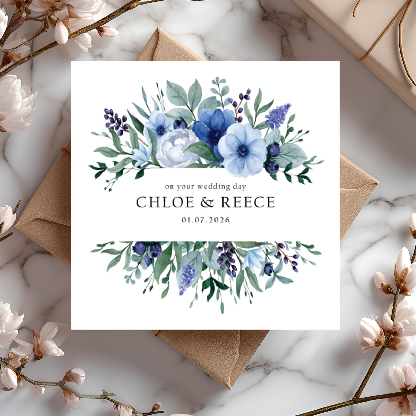 Wedding card with blue floral design with personalised text details.