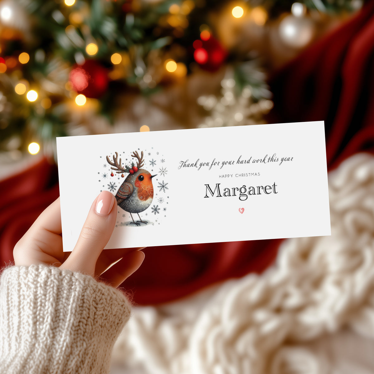 A rectangular white Christmas bonus money wallet held in hand, featuring an illustrated robin wearing festive reindeer antlers with red berries, surrounded by snowflake details. To the right the text reads "Thank you for your hard work this year" in cursive script, "Happy Christmas" in small spaced capitals and "Margaret" in large elegant serif font, finished with a small red heart. Displayed against a blurred decorated Christmas tree with red and gold baubles.