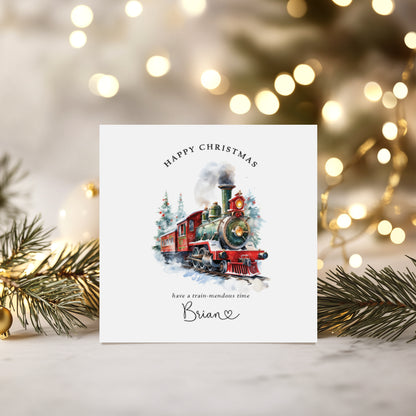 Personalised Train Christmas Card,  Steam Train Design  Custom Name or Relation