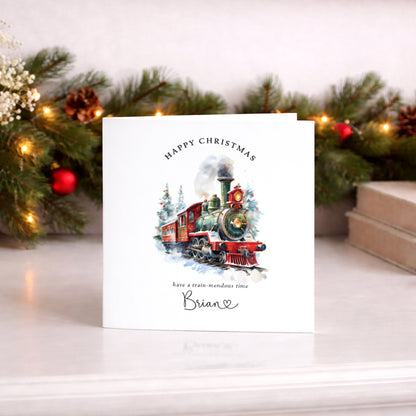 Personalised Train Christmas Card,  Steam Train Design  Custom Name or Relation