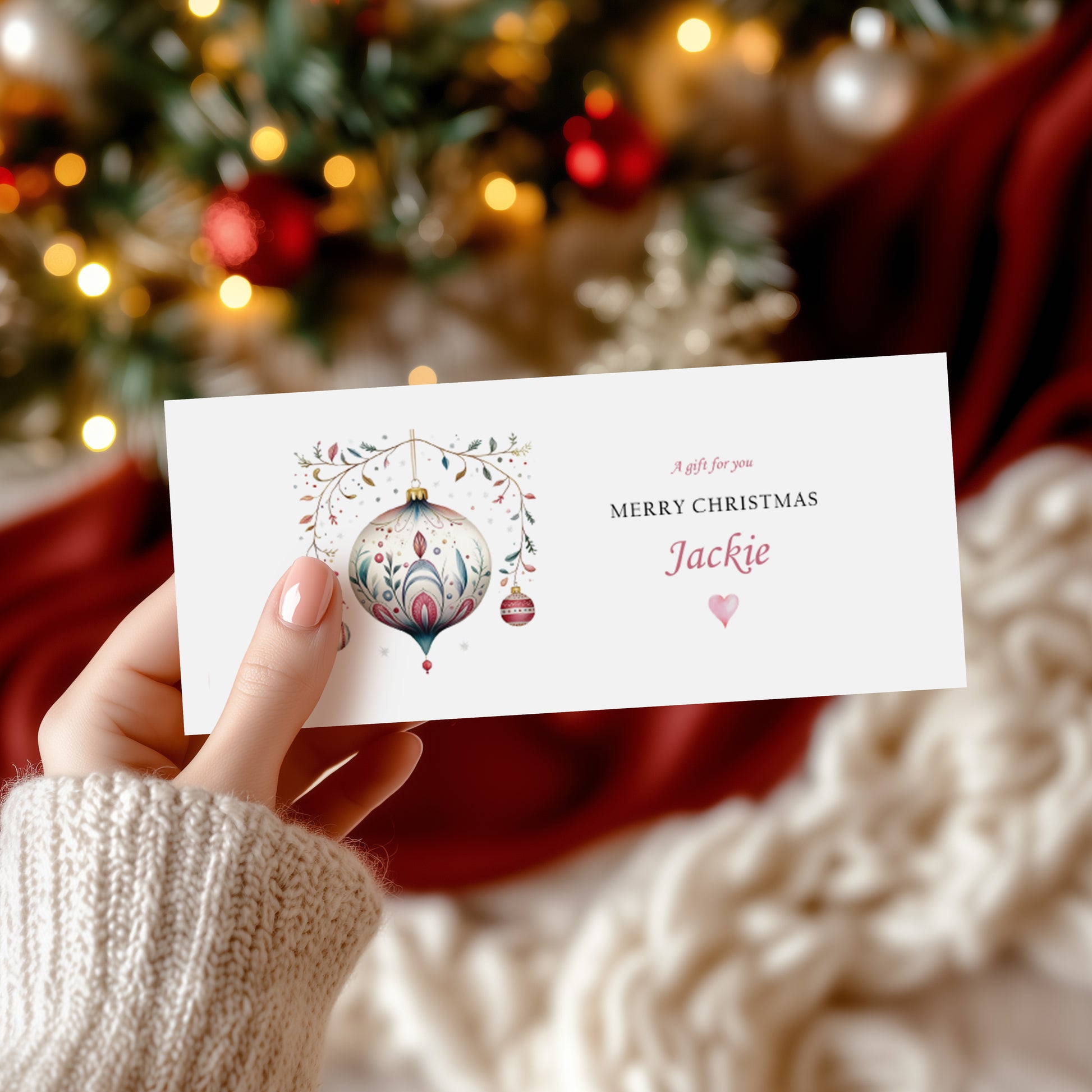 A hand in a cream knit sweater holds a white personalised Christmas greeting card money wallet featuring an illustrated ornament and the text 'Merry Christmas Jackie' with a small pink heart. The background is a cozy holiday scene with blurred Christmas lights and red fabric.