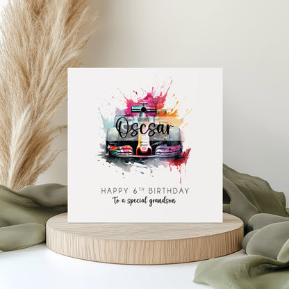Personalised Formula 1 Birthday Card for Boys - Watercolour Racing Car Design