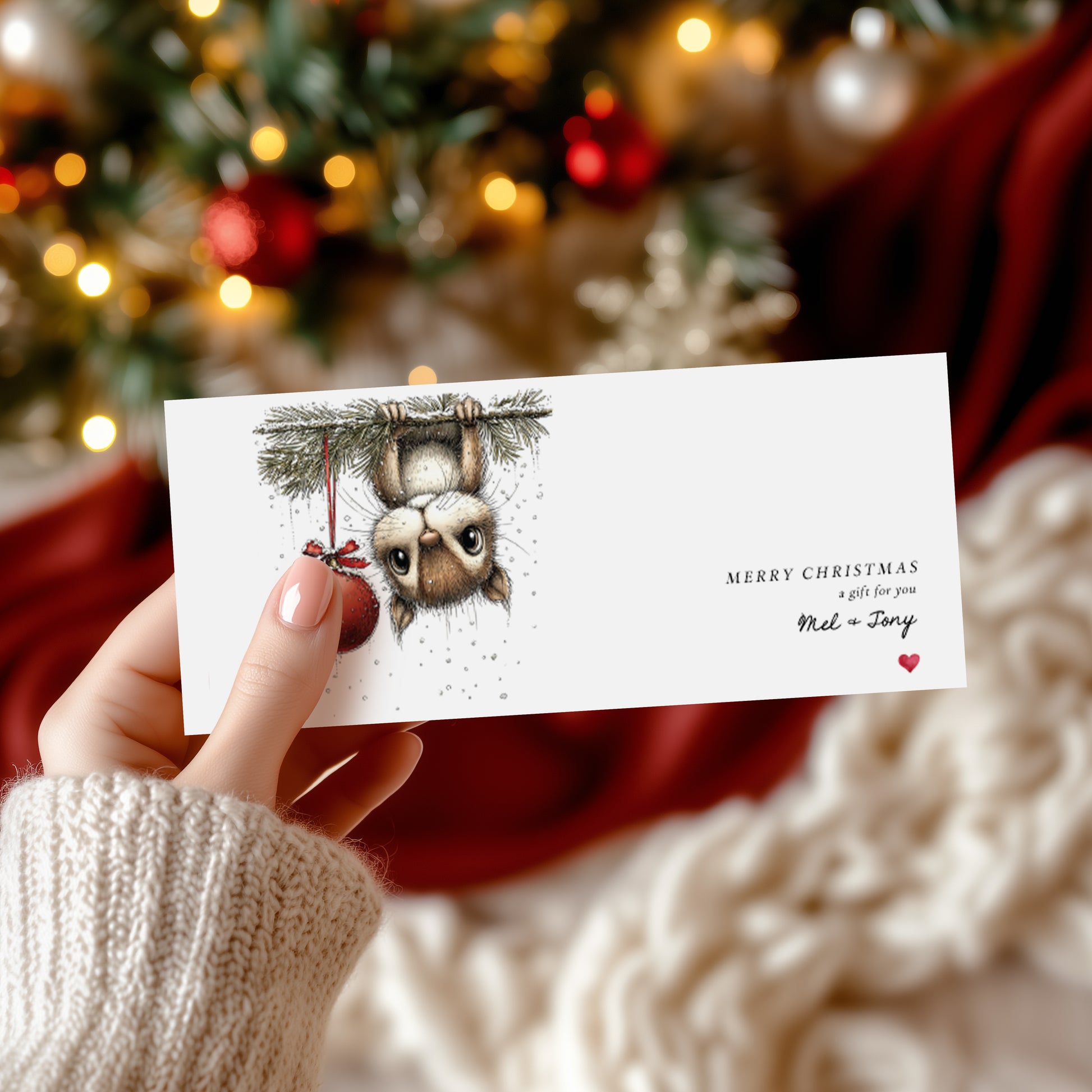 A hand wearing a cream knit sweater holds a white Christmas greeting card money wallet featuring a watercolour illustration of a squirrel hanging from a pine branch. The card has black text reading 'MERRY CHRISTMAS a gift for you' and 'Mel + Tony' with a small red heart.