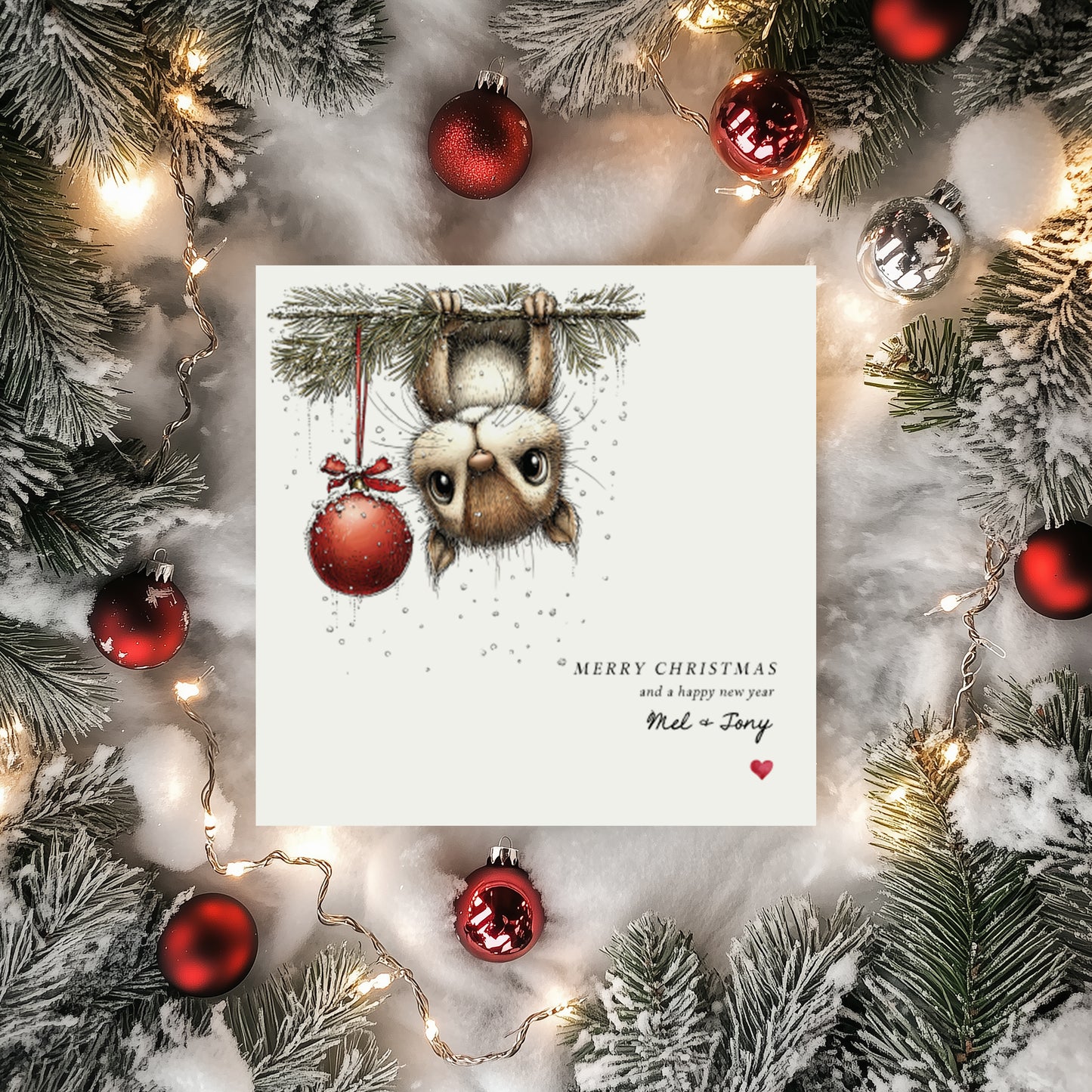 Personalised Christmas Card - Cute Squirrel Bauble Design