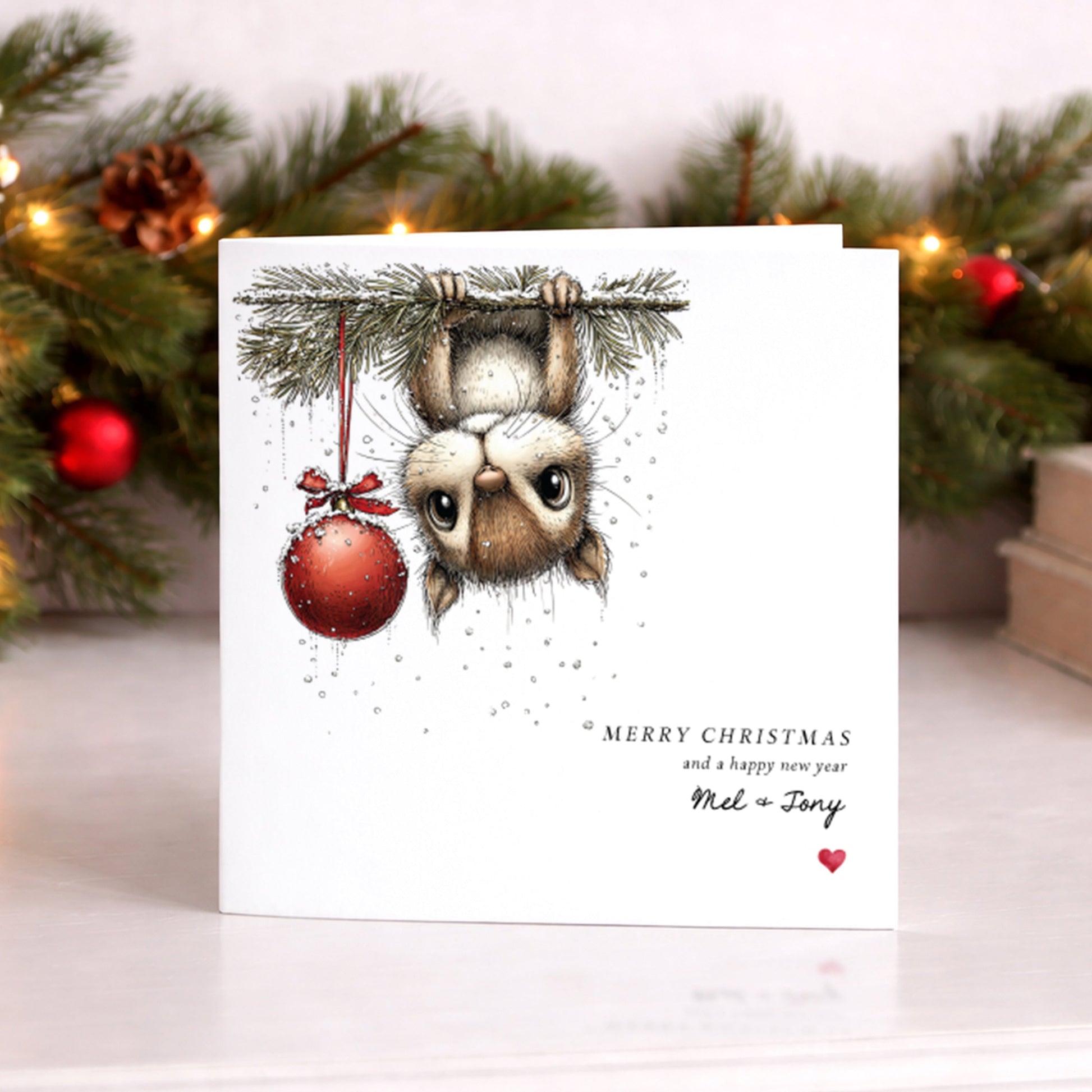 A square white Christmas card featuring an illustration of a wide-eyed fluffy squirrel hanging upside down from a snow-dusted pine branch, holding a large red glitter bauble tied with a red ribbon bow, with snowflakes scattered around. To the lower right the text reads "Merry Christmas" in spaced capitals, followed by "and a happy new year" in small italics and "Mel & Tony" in flowing cursive script, finished with a small red heart. The card is displayed upright on a white surface in front of a lit pine gar