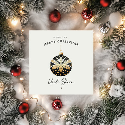 Black and Gold Bauble Christmas Card. Modern Design