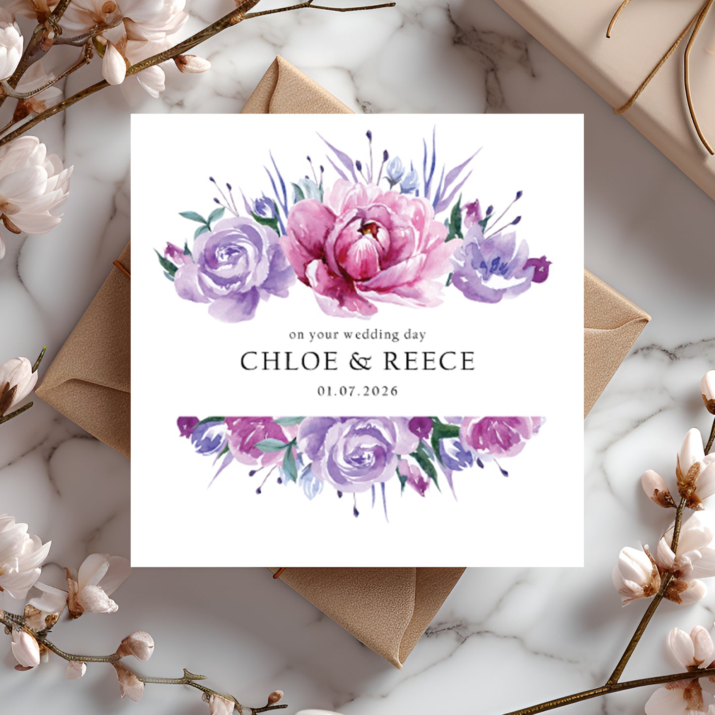 Wedding card with pink and purple floral design and personalised text