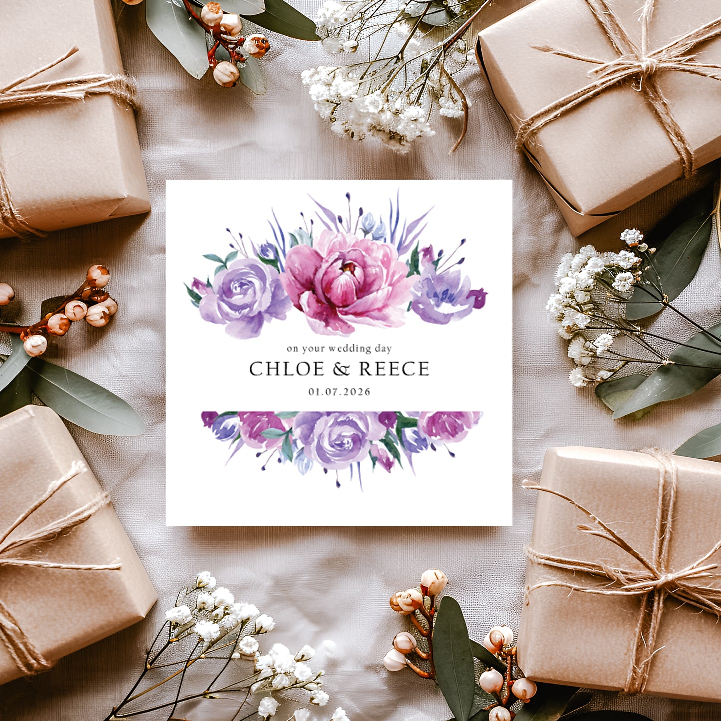 Personalised Wedding Card: Pink & Purple Frame Design