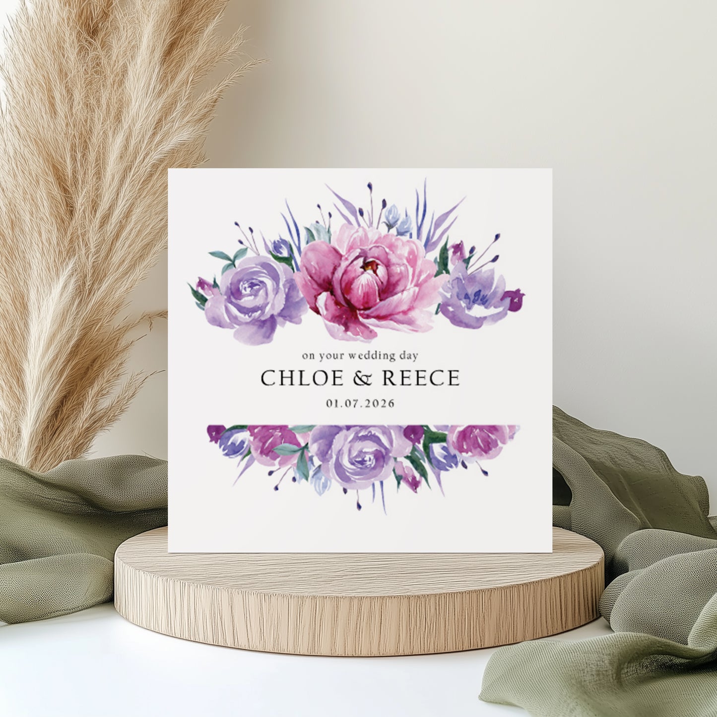 Personalised Wedding Card: Pink & Purple Frame Design