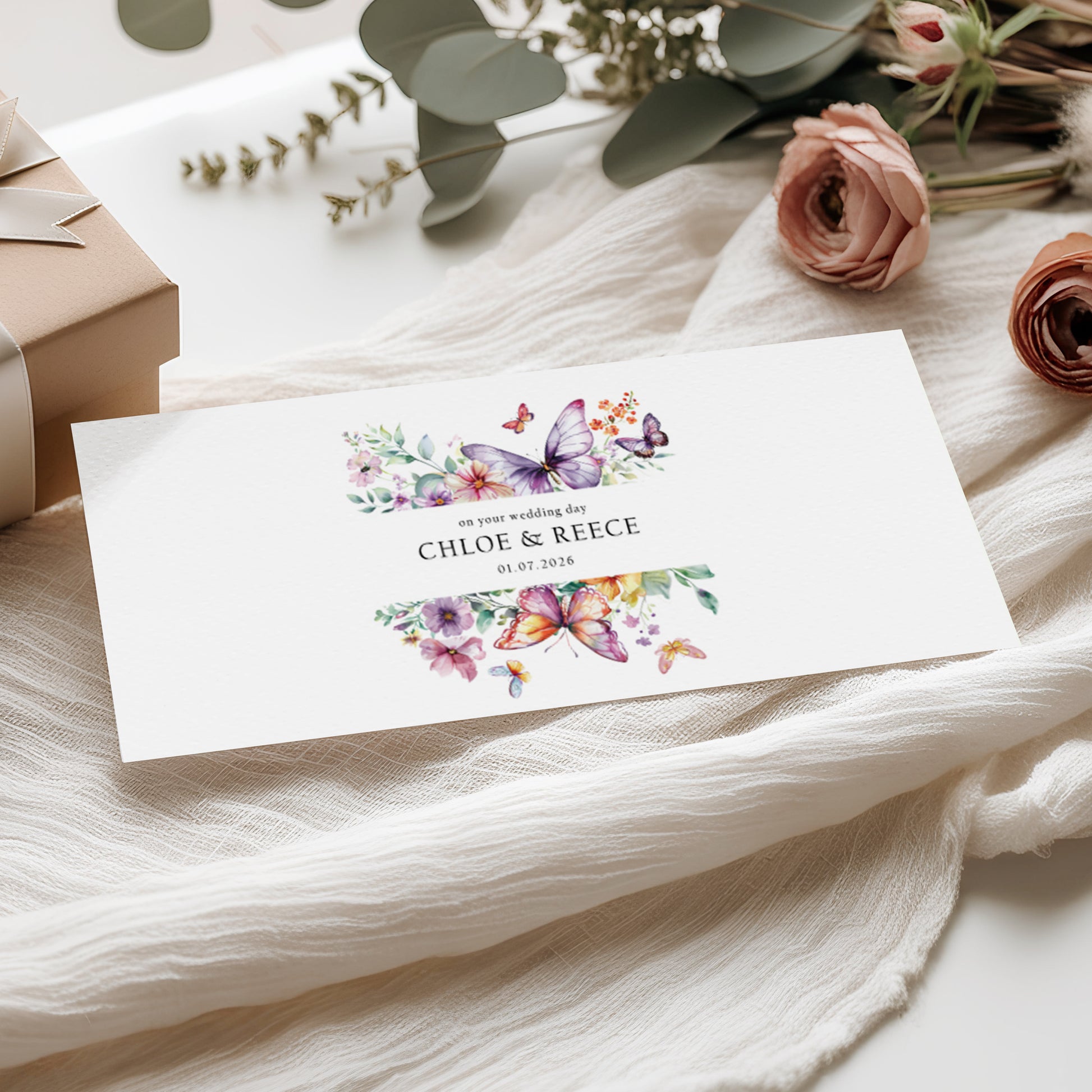 Wedding money wallet card with butterflies and flowers, Personalised names and wedding date on a soft fabric background