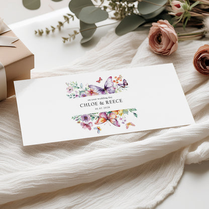 Wedding money wallet card with butterflies and flowers, Personalised names and wedding date on a soft fabric background