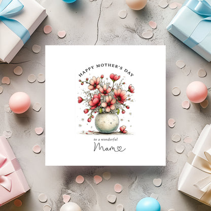 Customisable Floral Mother's Day Card: Red Vase of Flowers Design