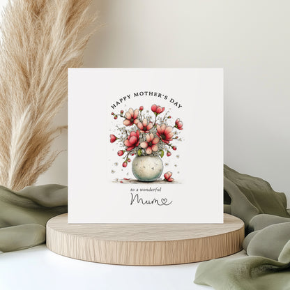 Customisable Floral Mother's Day Card: Red Vase of Flowers Design